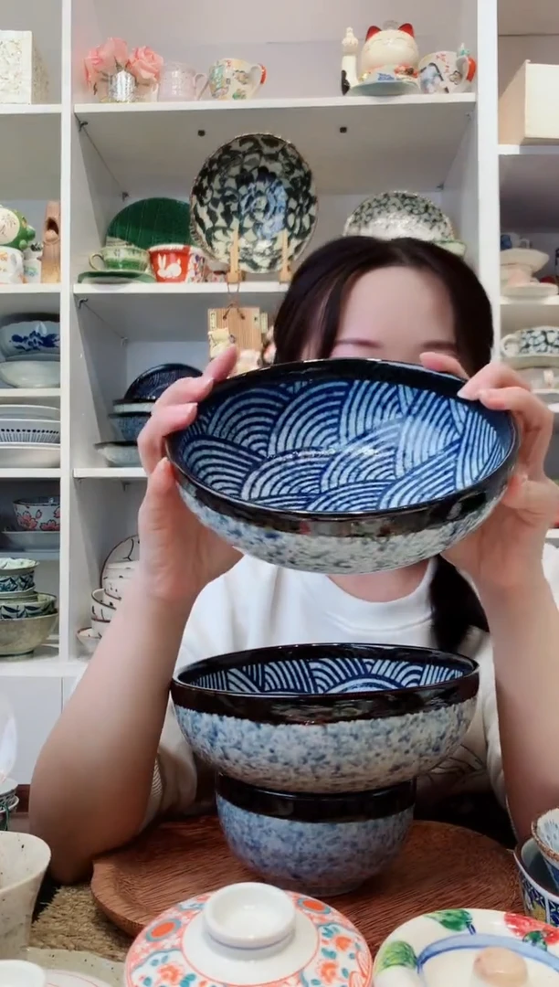 陶瓷美浓烧青海波中钵17.5cm