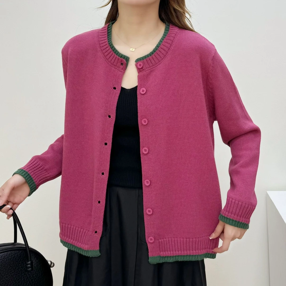 【正品现货】拼色双领复古棉线女士春秋宽松百搭长袖针织开衫外套