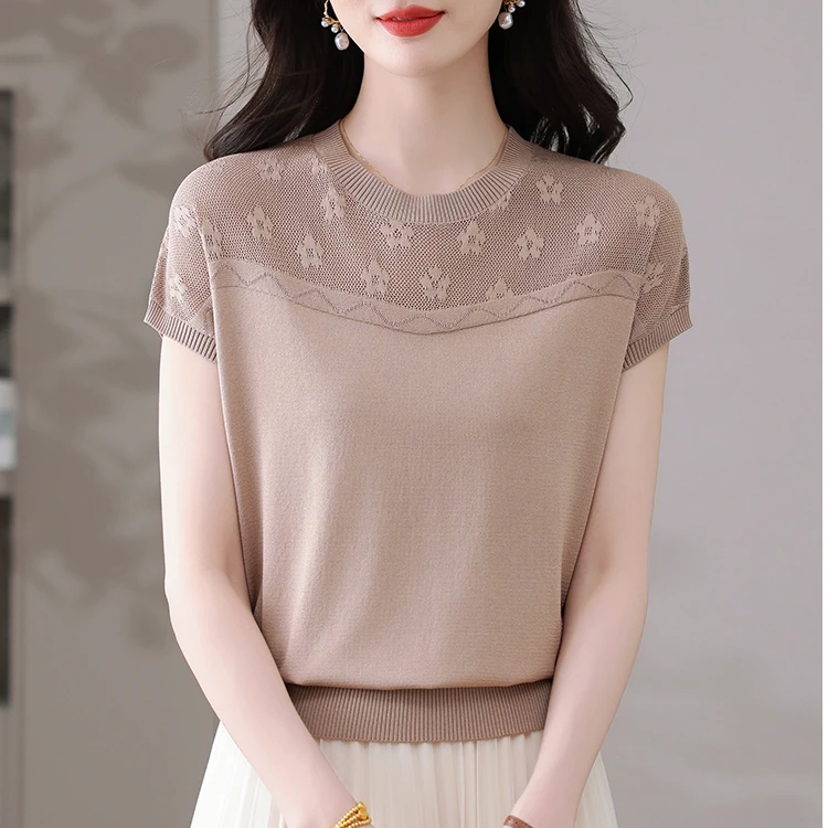 夏季新款天丝圆领提花短袖宽松显瘦时尚百搭减龄薄款蝙蝠衫B718