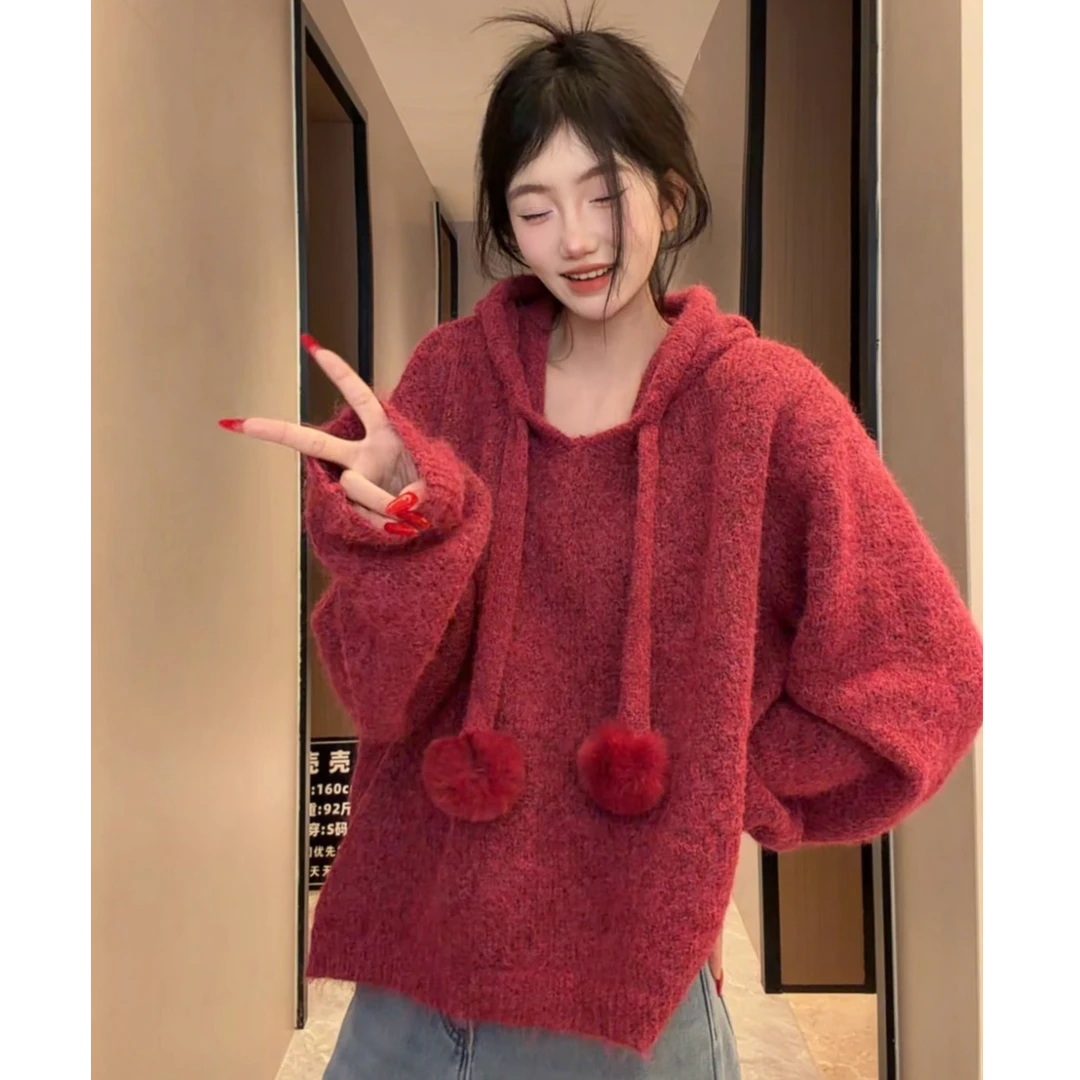 秋冬新款慵懒风软糯加厚宽松保暖针织卫衣时尚洋气连帽毛衣女