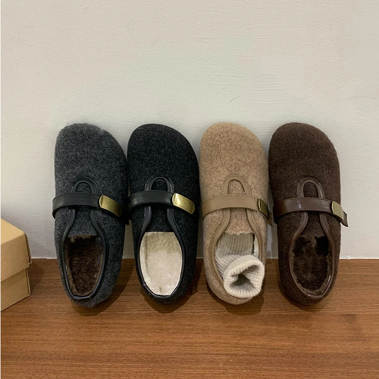 HKX-6882-77  复古毛呢加绒全包勃肯鞋女百搭保暖毛毛乐福棉单鞋