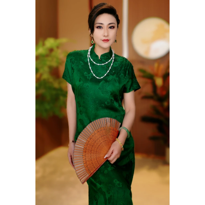 墨玉莨纱｜双面双穿油皮老料新中式女装中长连衣裙2024B8701艾敏