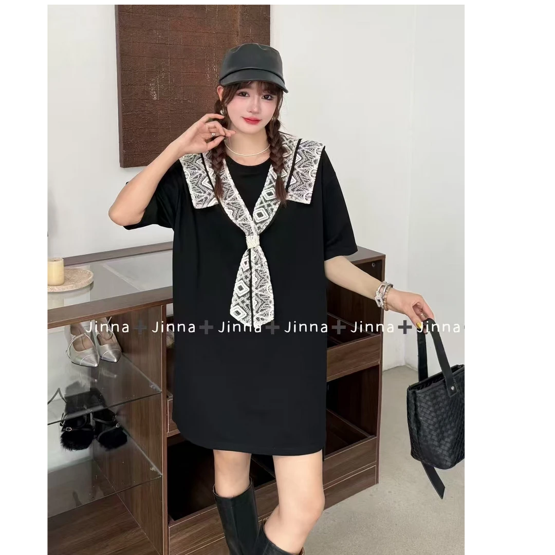 韩版中长款T恤裙慵懒风蕾丝拼接翻领假两件连衣裙2025女夏季新款