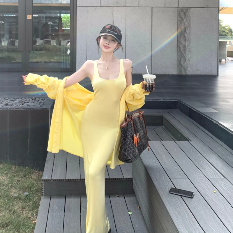 u领吊带包臀长裙女辣妹修身连衣裙宽松衬衫防晒上衣时尚套装