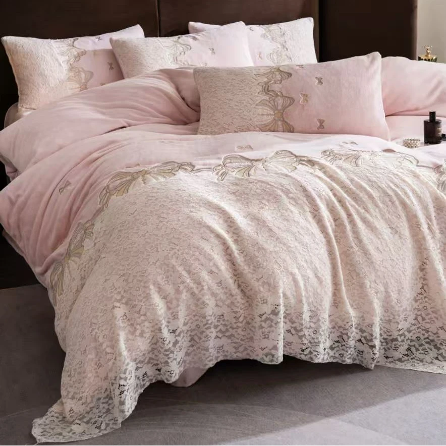 高克重法式蕾丝款重工刺绣牛奶绒四件套AL星辰梦蝶