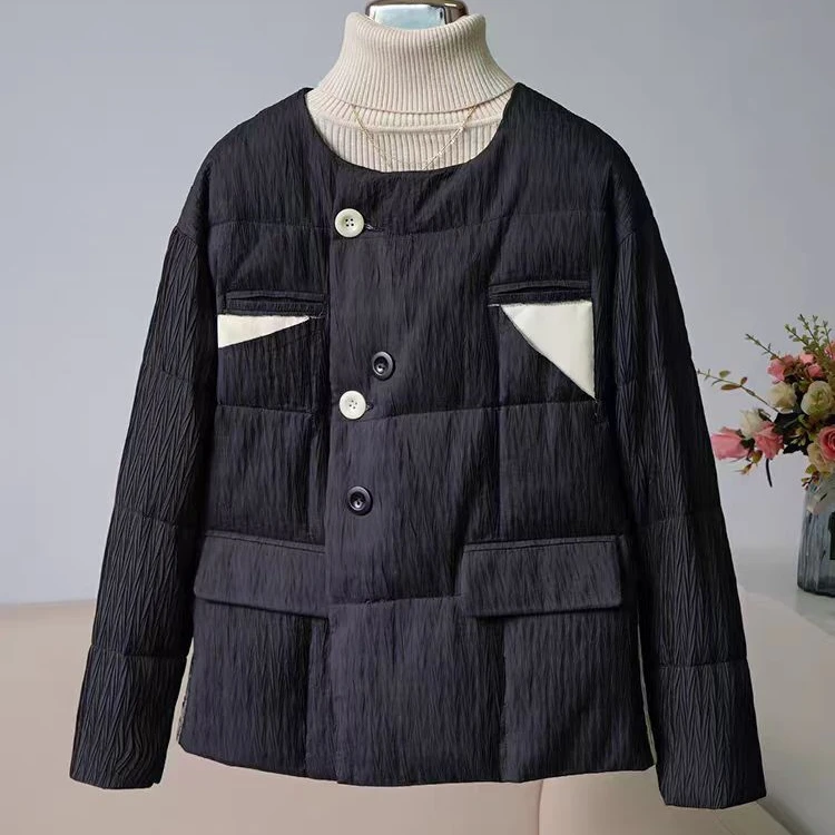冬季褶皱肌理羽绒服女不对称90白鹅绒配真皮外套(D6-8)316-1