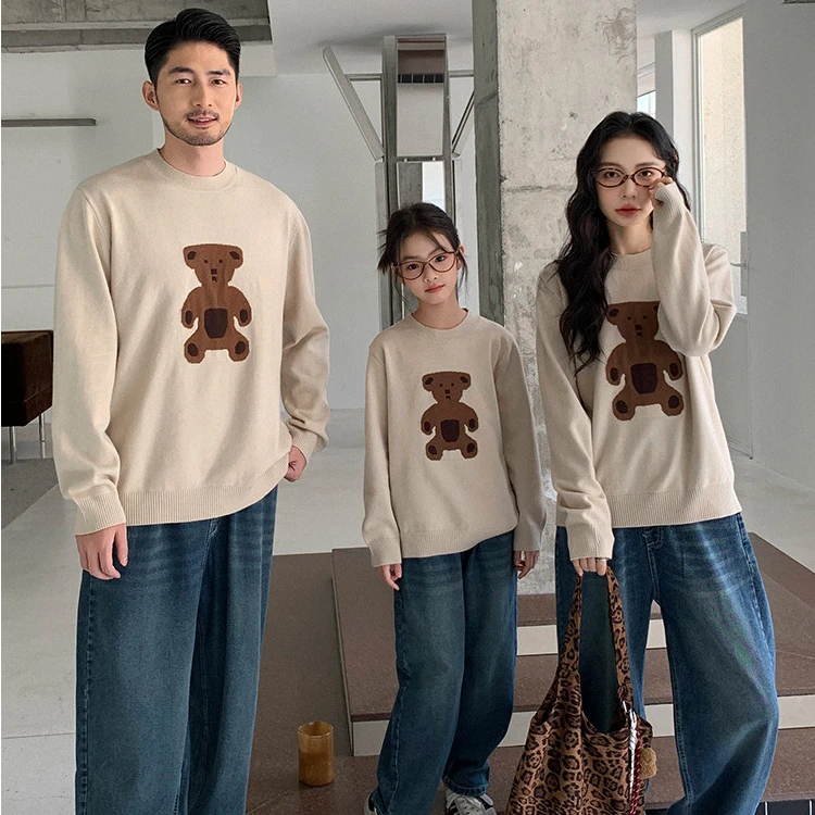 卡通小熊复古毛衣亲子装一家三口四口装母女母子春秋款内搭针织衫