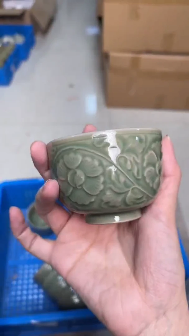陶瓷秘色牡丹纹大缸杯 全品 单只