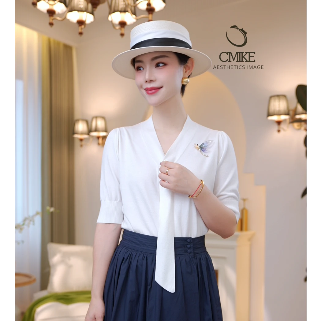 【蜜客原创】时尚百搭夏季轻奢复古飘带针织上衣2502N000387