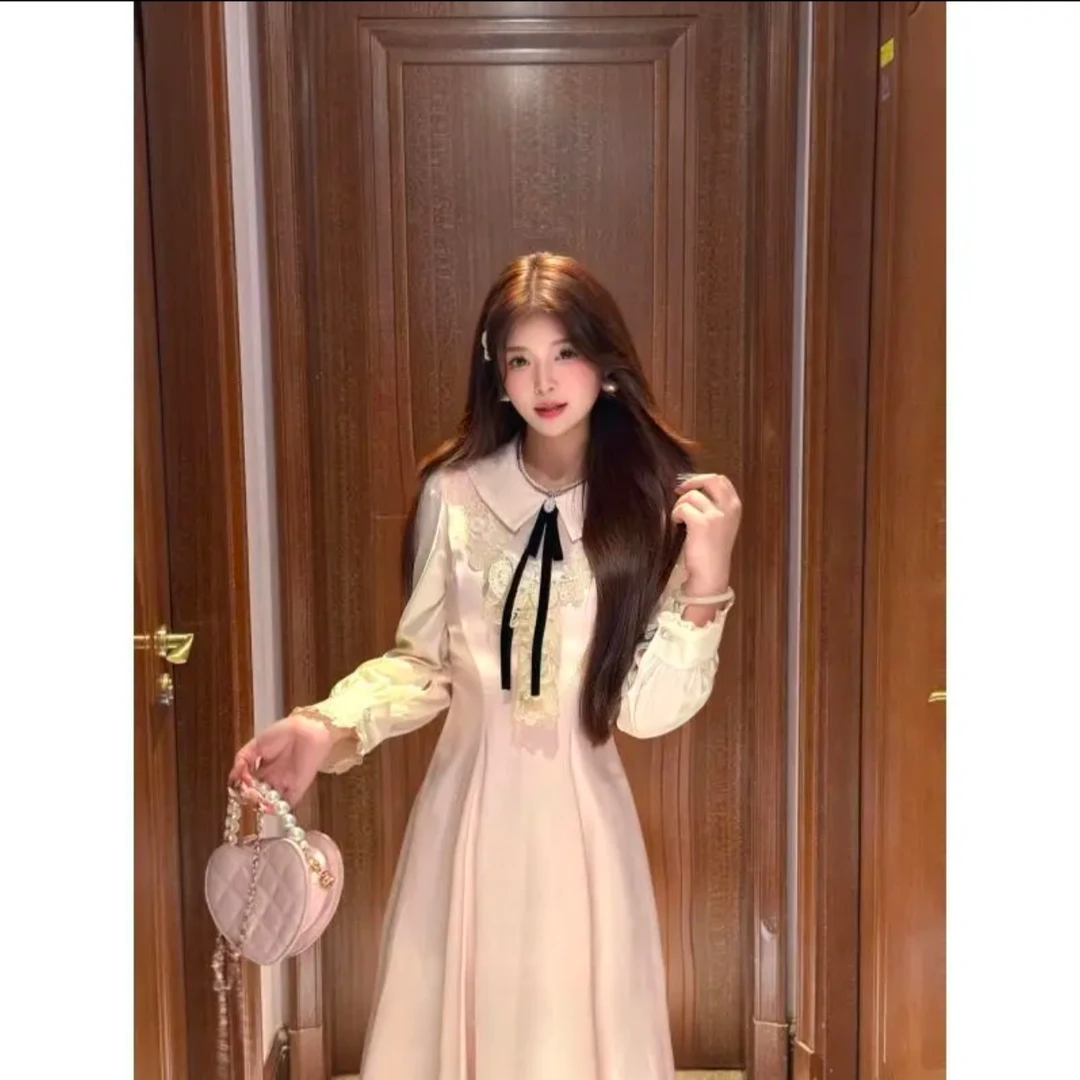 10058露思同款许我耀眼气质重工蕾丝翻领珠光高级连衣裙长裙