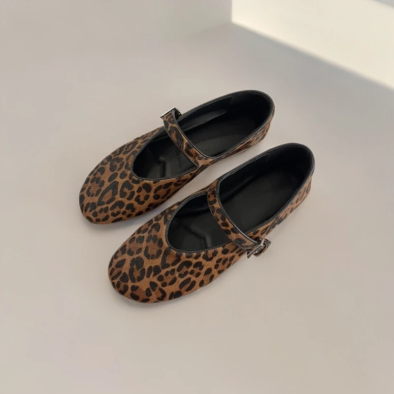 慕林娜 法式豹纹马毛一字带玛丽珍鞋复古休闲平底单鞋女50901