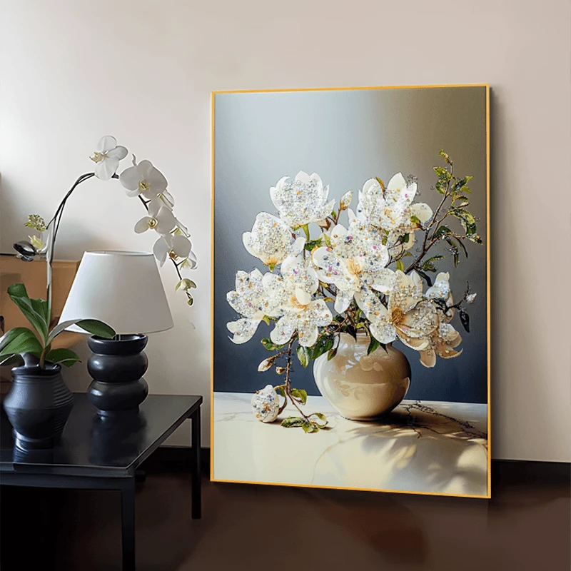 现代简约餐厅晶瓷镶钻装饰画轻奢挂画过道走廊楼梯画花瓶6080