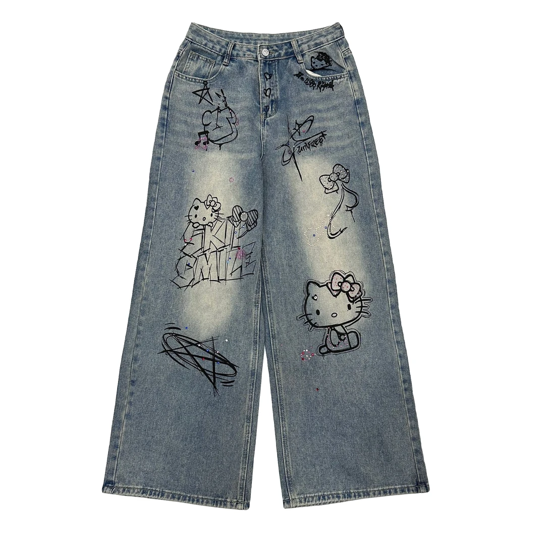 莹莹欧货【 kitty猫涂鸦阔腿牛仔裤】KT潮流宽松女休闲裤5032.