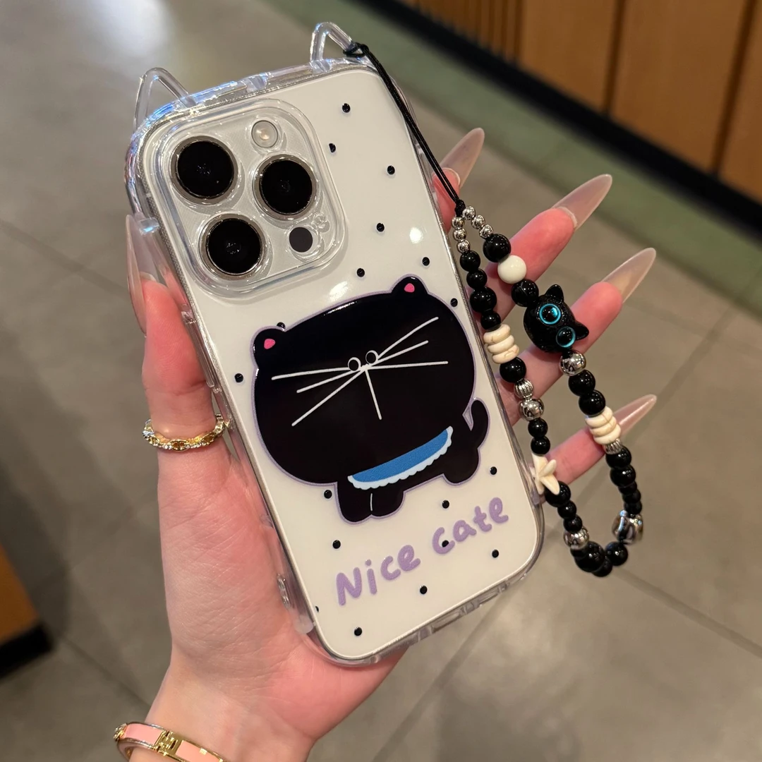 欧克里里大脸猫咪黑猫珠链适用苹果16/15pro猫耳朵手机壳14/13/12