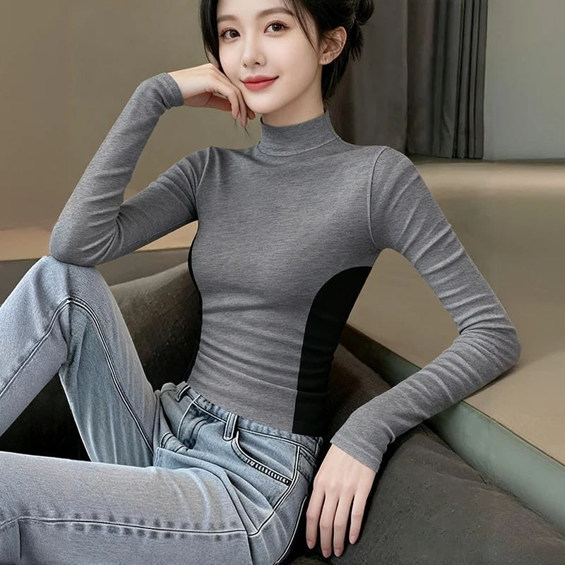 软糯半高领撞色长袖女黑拼打底衫女款女生秋冬衣服内搭