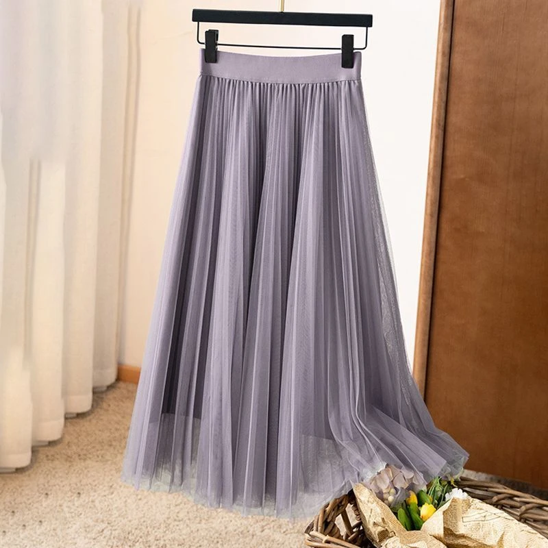 春夏仙女网纱裙A字百搭半身裙女百褶裙松紧腰中长款小个子145-150