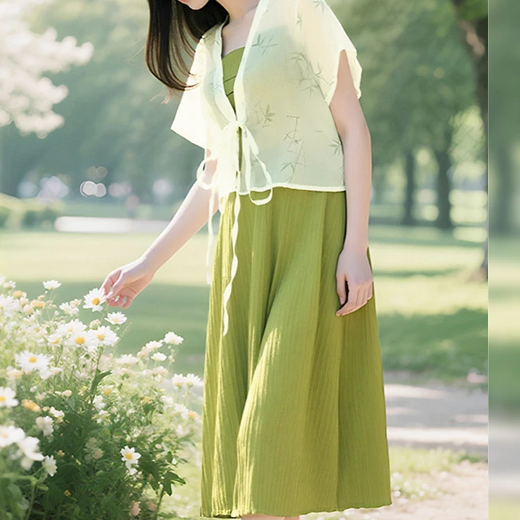 大码女装300斤胖MM夏季新款时尚改良汉服吊带裙+开衫套装66988