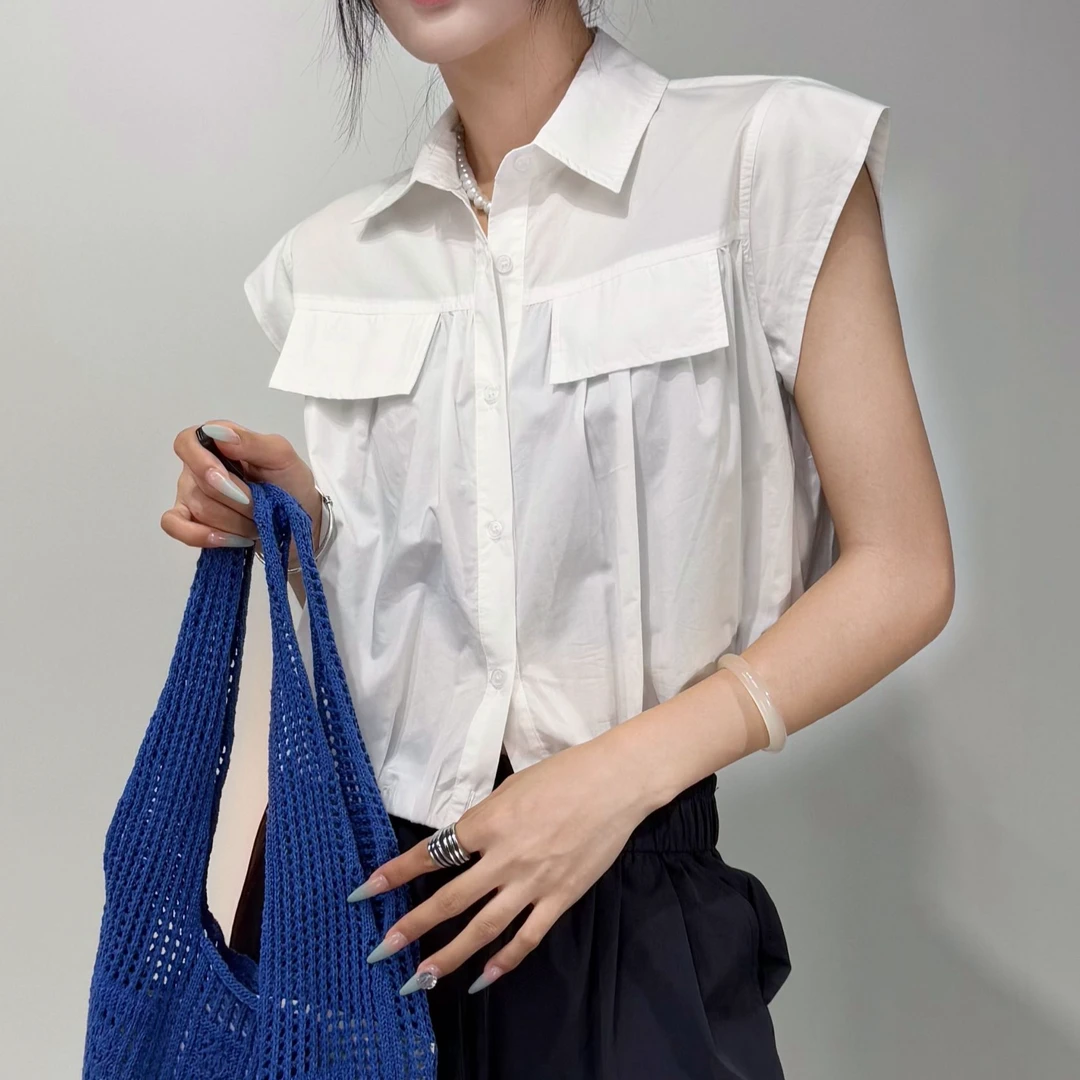 25069#无袖衬衫夏季新款女polo领松紧腰设计款洋气百搭显瘦衬衣