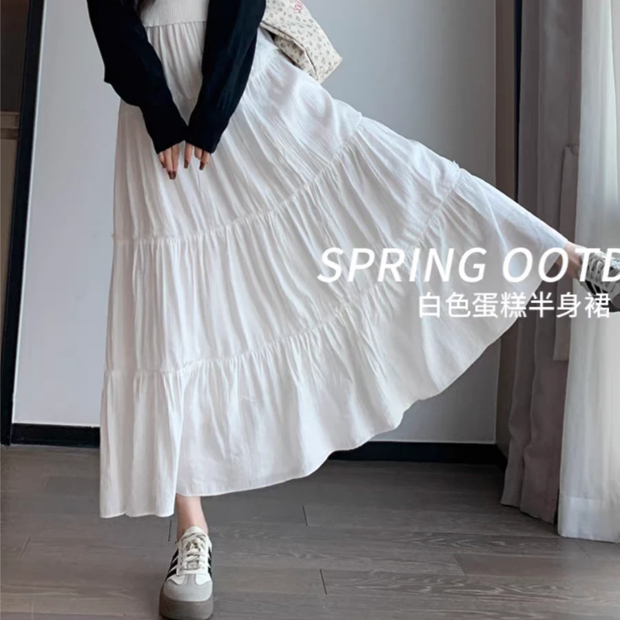 桃花皱半身裙女2025新款春季穿搭高腰温柔气质仙女A字蛋糕长裙子