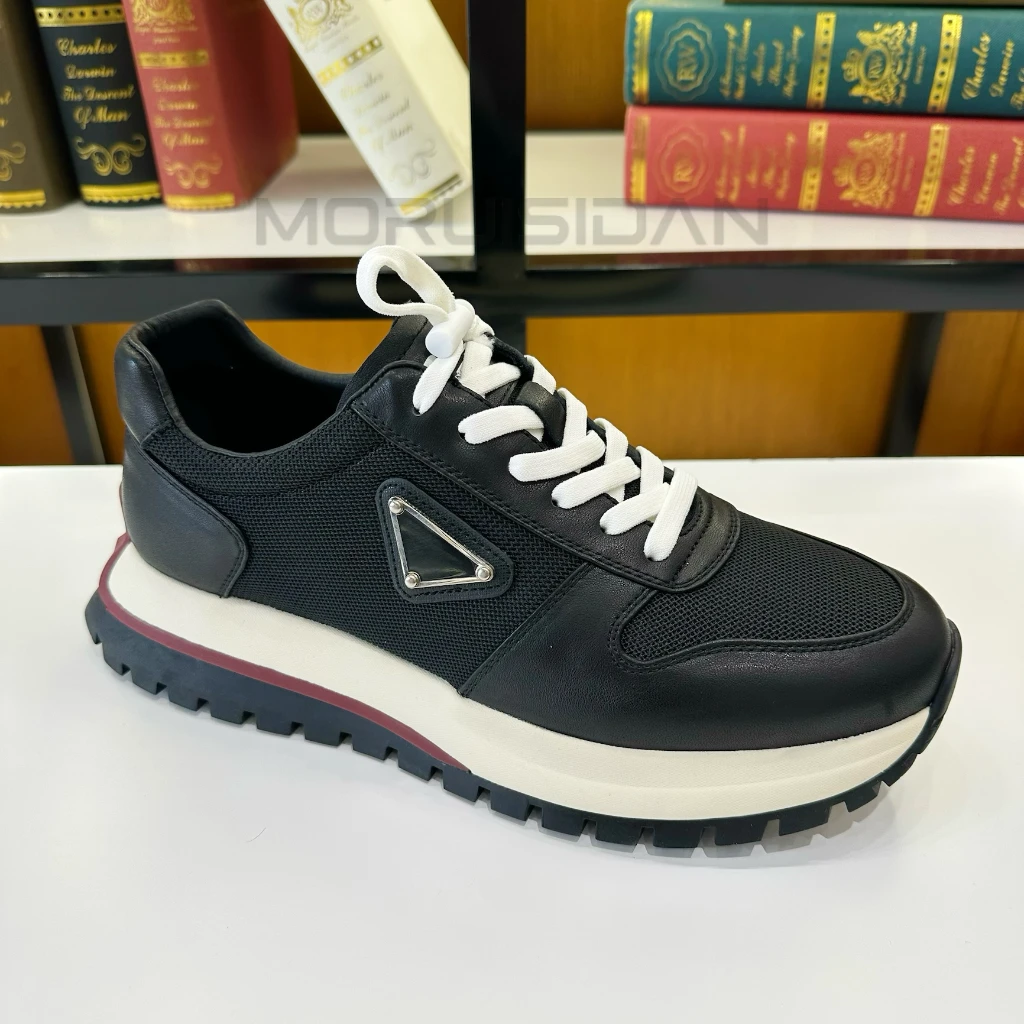 广州男士夏季新款时尚运动休闲鞋真皮拼网松紧带套脚厚底增高潮鞋