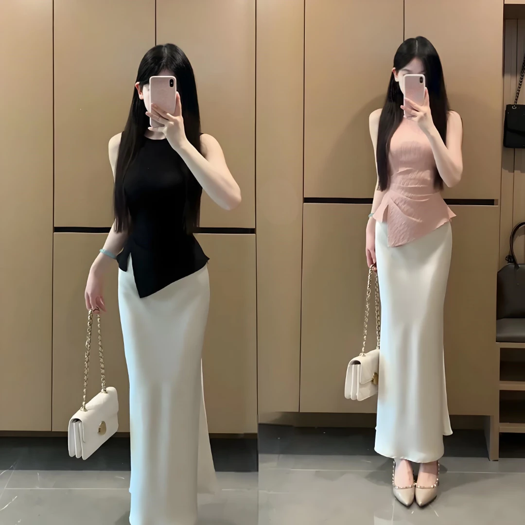 2025夏季新款女法式高级感圆领不规则无袖上衣高腰显瘦包臀半身裙