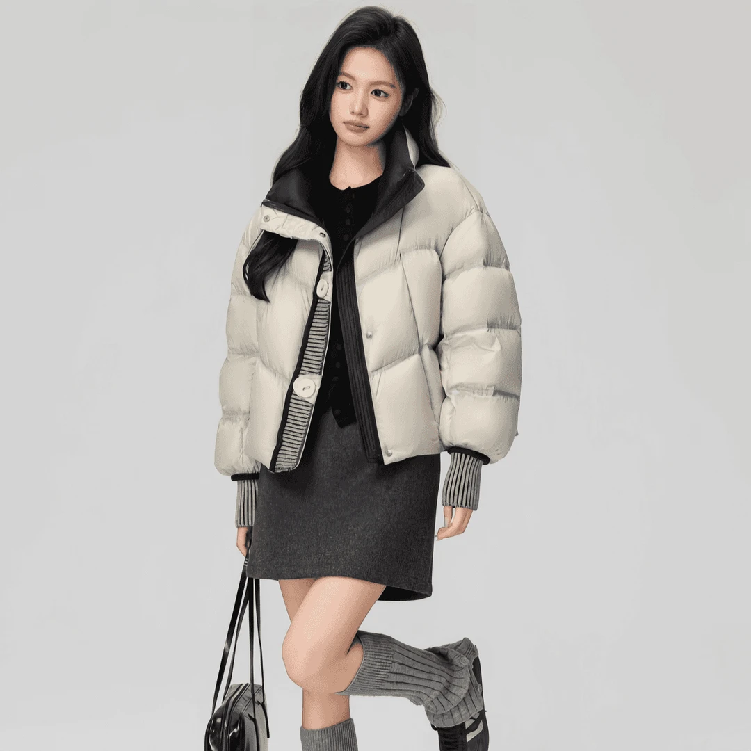 鸭鸭云氧泡芙羽绒服女2025新款针织拼接洋气超好看短款面包服外套