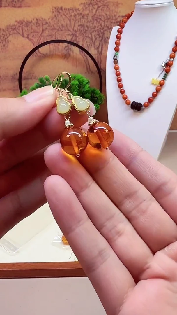 琥珀（花珀）14K金镶嵌耳饰E200