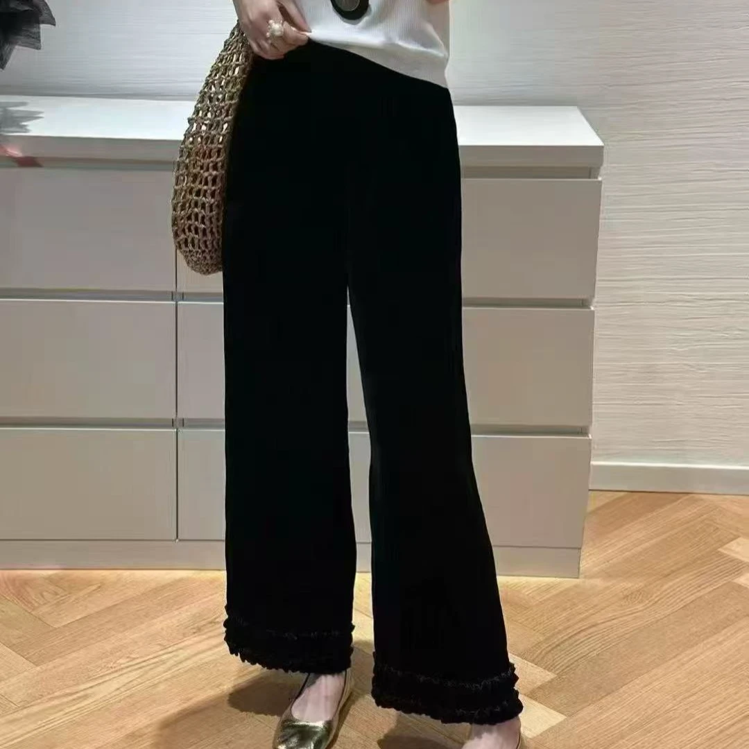 秋冬季新款大码女装梨形身材显瘦遮肉丝绒花边阔腿裤
