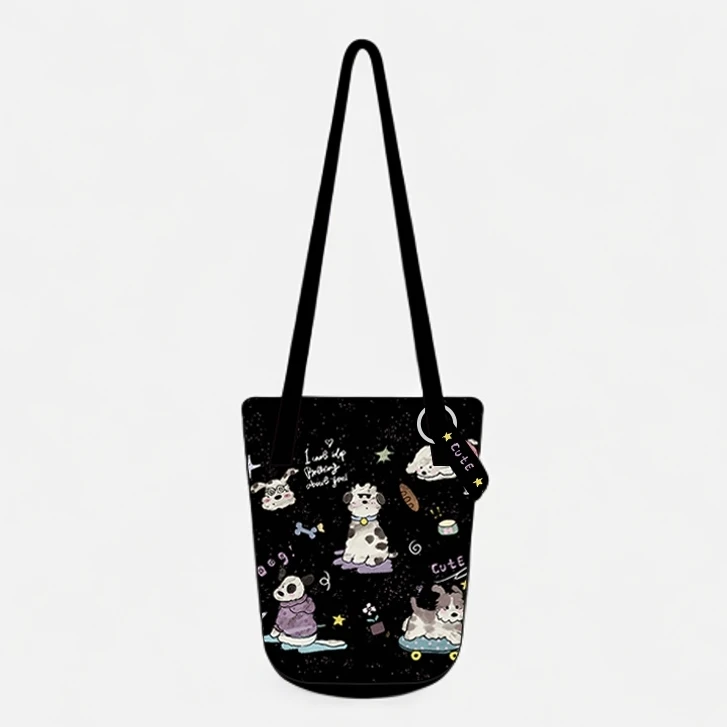 设计师原创复古涂鸦小狗细肩带水桶包通勤时尚大容量单肩斜跨休闲