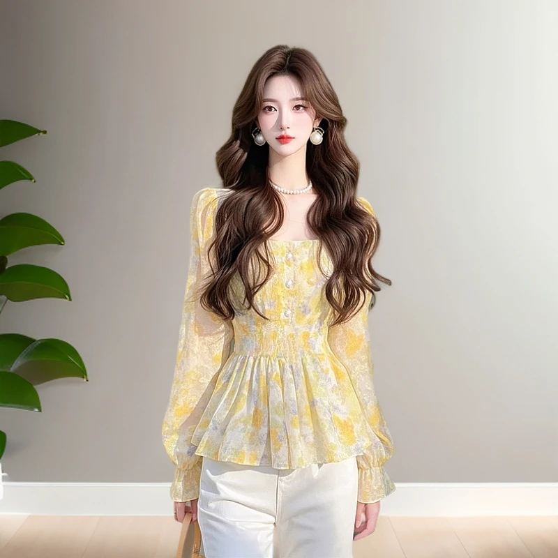 法式爆款黄色碎花衬衫女2025春季新款小个子洋气时尚减龄收腰衬衣