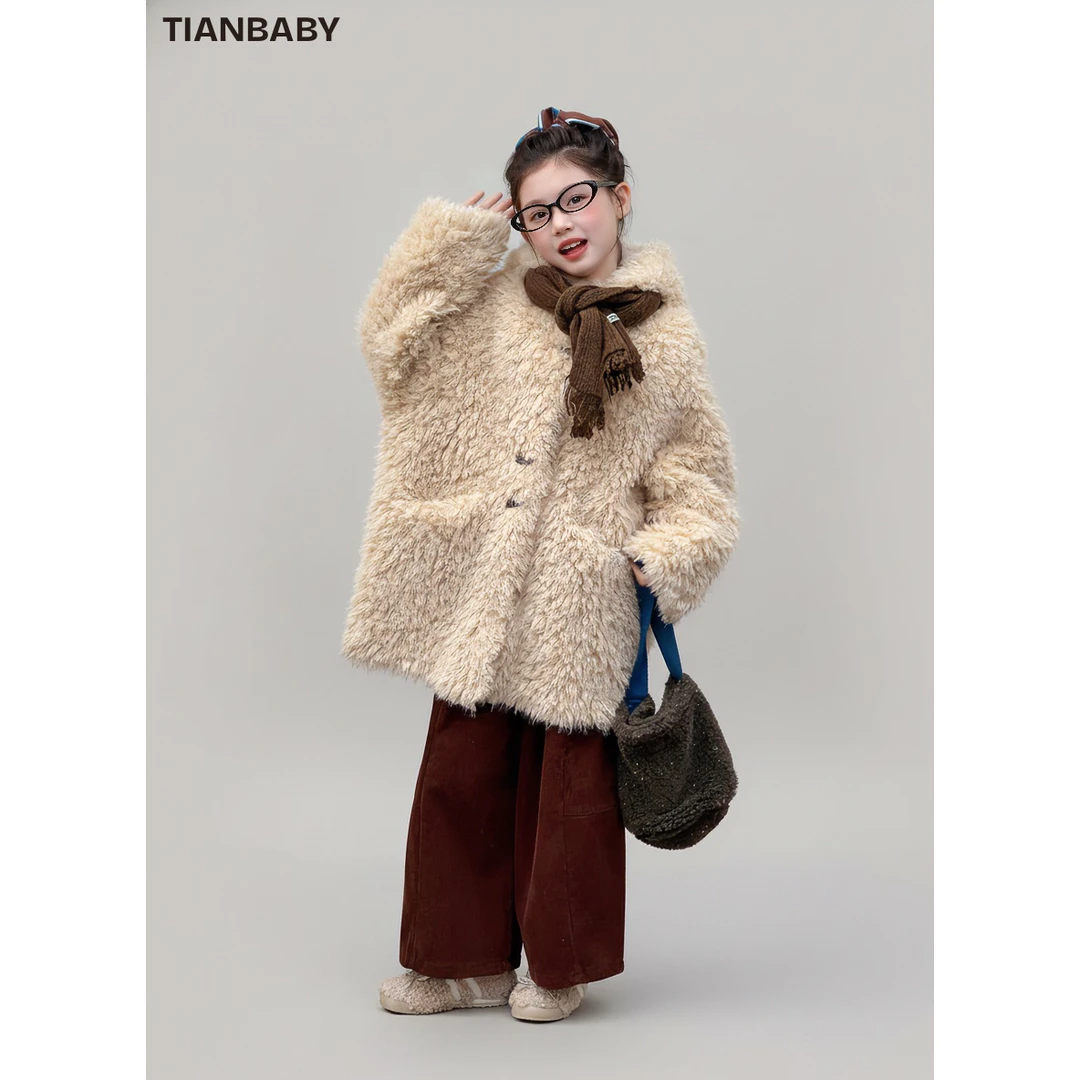 甜野家【​小羊咩咩】女童熊耳朵仿皮草毛毛衣套装2025冬季中大童
