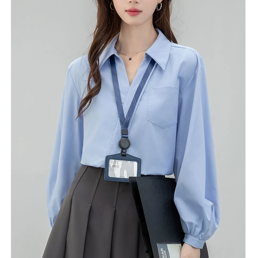 【气质利落】简约气质V领工装衬衫女泡泡袖宽松休闲长袖上衣春秋