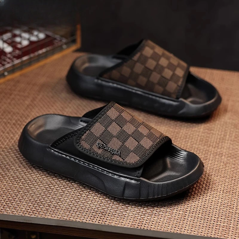 吉伦略索夏季高端流户外一字拖鞋男士格子印花沙滩防滑轻质凉拖鞋