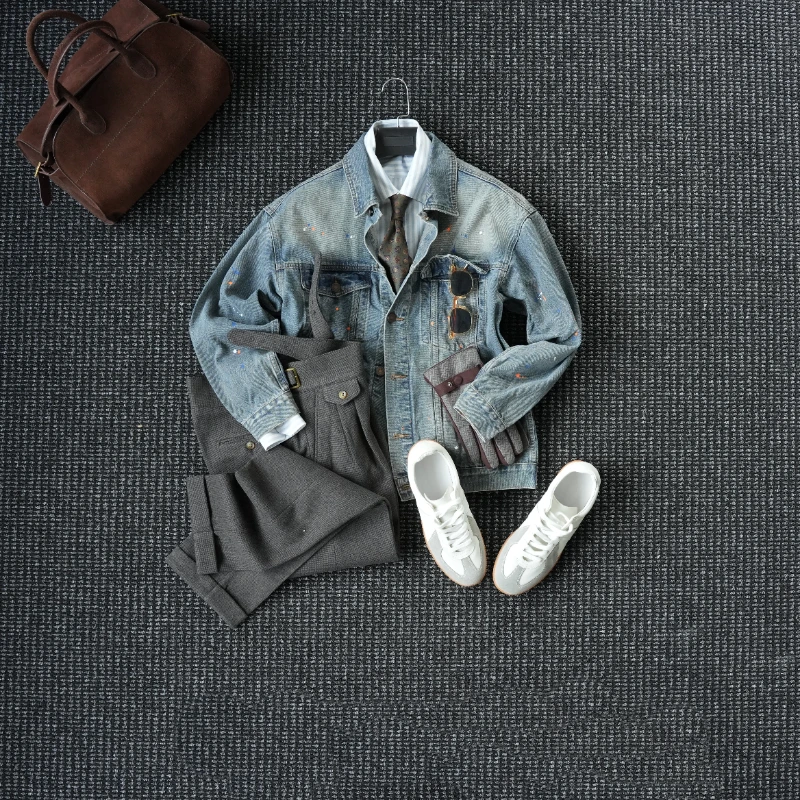 CssuGent高级感单宁水洗翻领泼墨牛仔夹克男绅士优雅商务短裤外套