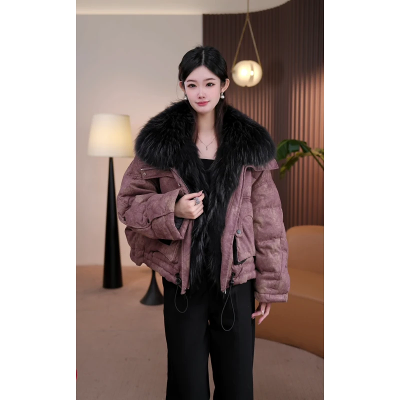 【栀栀专属1】25976-1冬季新款原创设计大毛领麂皮绒短款皮草羽绒服