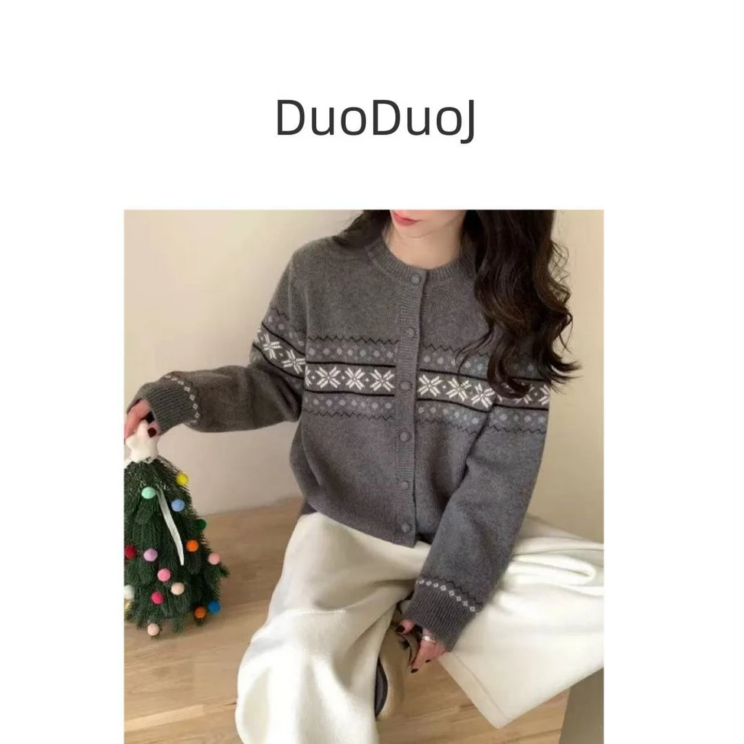 【DuoDuoJ】【雪花毛衣】韩版撞色长袖休闲圆领慵懒百搭毛衣