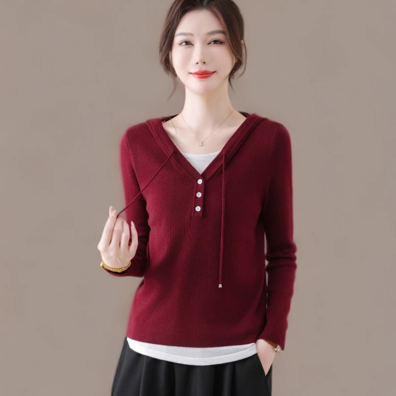 早秋假两件连帽长袖针织衫女2025新款春秋季减龄显瘦卫衣薄款上衣