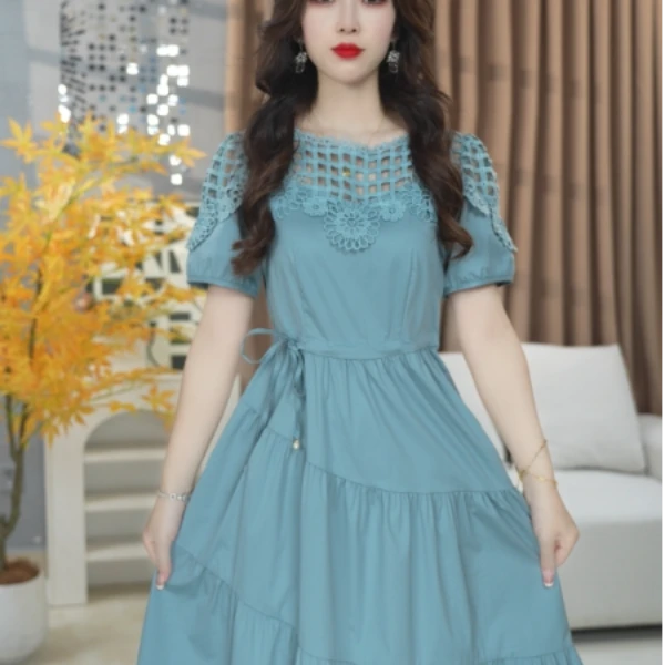 蓝色新品夏季女装高腰显瘦中长款气质设计感洋气时尚连衣裙25A64