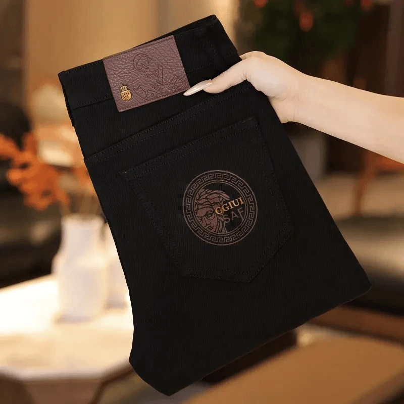 秋冬加绒加厚黑色男装轻奢男士九分牛仔裤弹力修身直筒男款长裤子