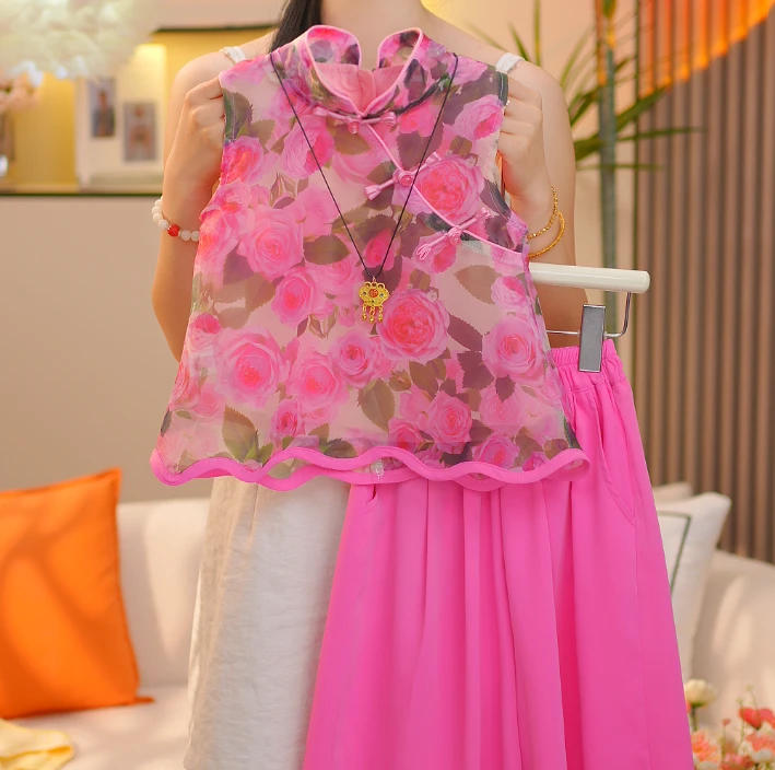 中国风国风夏季套头女碎花套装汉服牡丹夏装童装中式B650