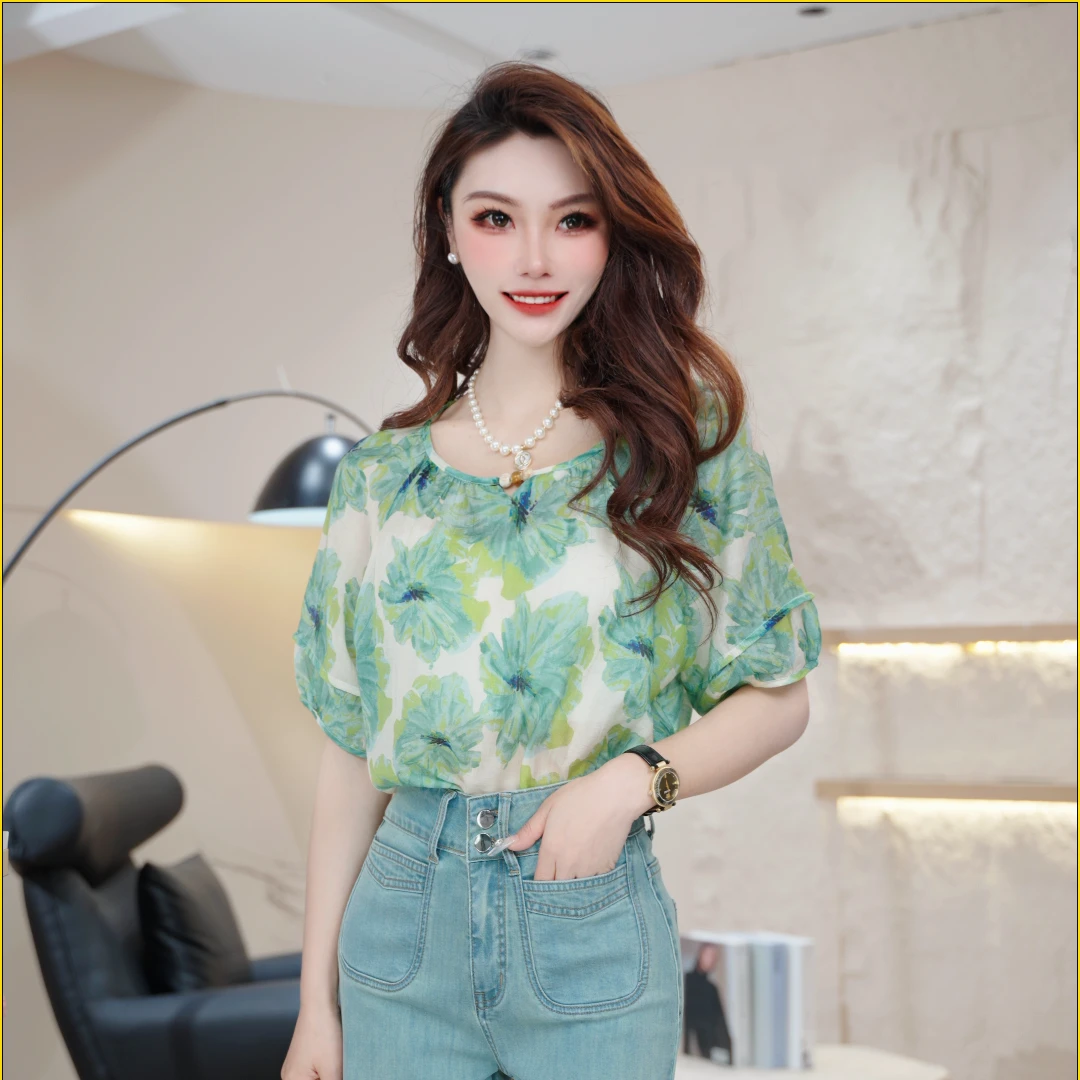 洋气减龄短袖衬衫打底衫女2025年夏新款显瘦气质宽松印花小衫H325