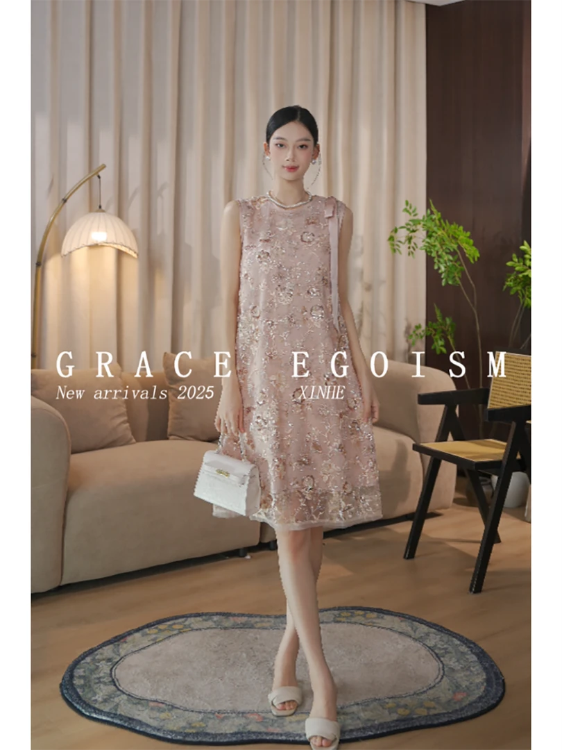 金禾【漫花影】折扣夏款国风重工珠片绣气质背心连衣裙3524