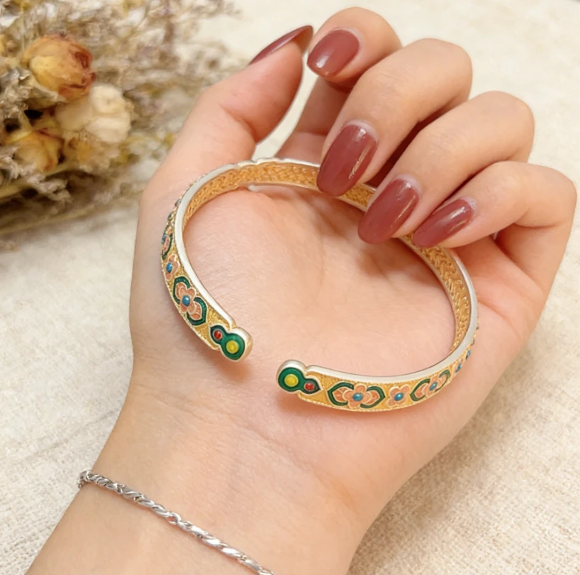 足银手镯 足银999.9 13 繁花四叶葫芦镯  网红时尚复古实心