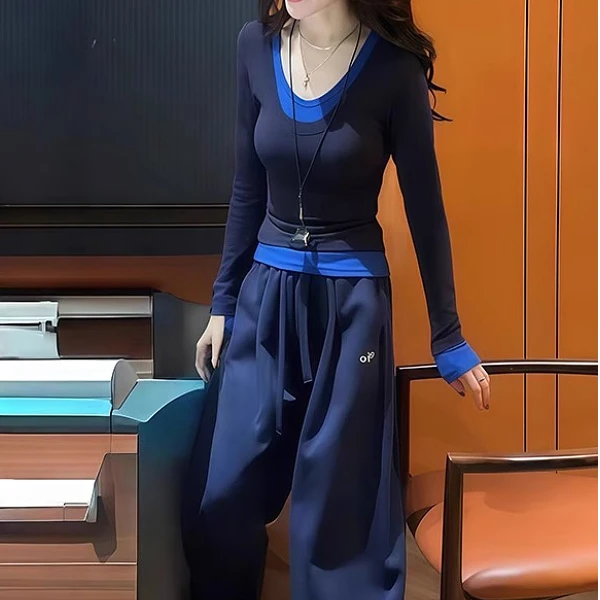 大码2025秋季新款拼色假两件长袖正肩T恤女胖MM显瘦修身上衣