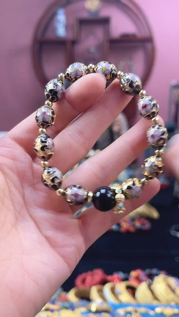 非遗手工艺 景泰蓝 金地 手串 枣珠 黑色