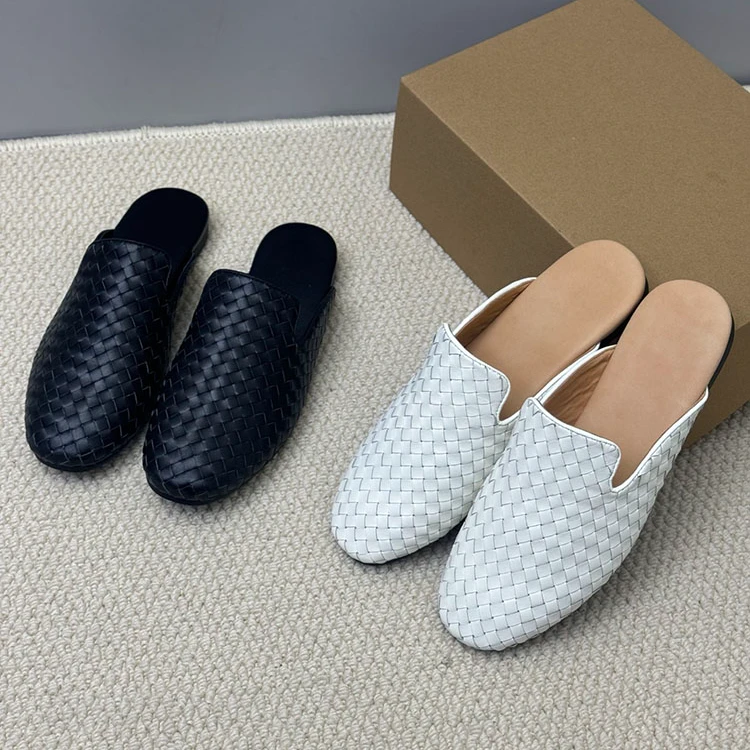 莞产高品质 牛皮编织包头低跟2公分包头拖鞋韩版羊皮内里鞋垫