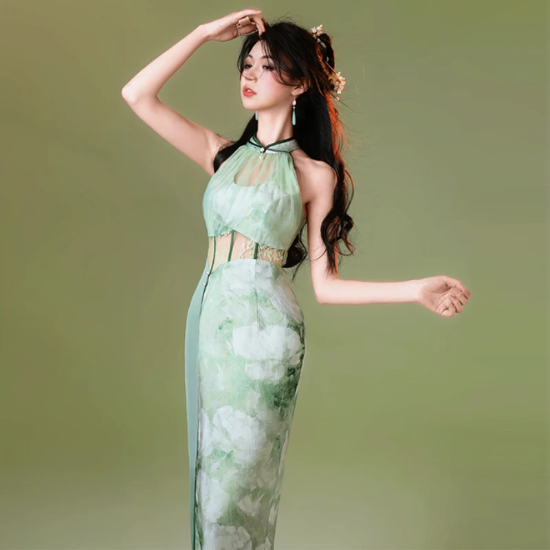 四斤自制白栀原创栀子印花薄荷绿氧气穿搭夏新中式旗袍中国