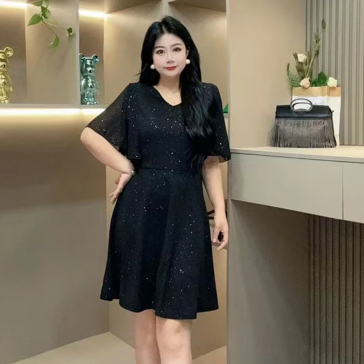 夏季连衣裙-鸿 9869夏季大码亮闪常规高腰圆领可两面穿显瘦连衣裙