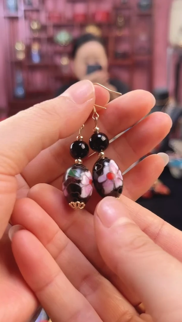 非遗 景泰蓝耳饰 黑色 大枣珠