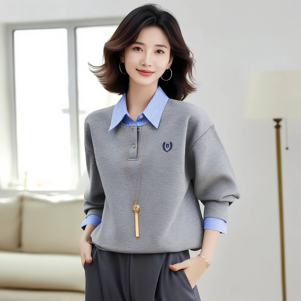条纹拼接假两件上衣长袖新款2025学院衬衫领宽松休闲带领卫衣女